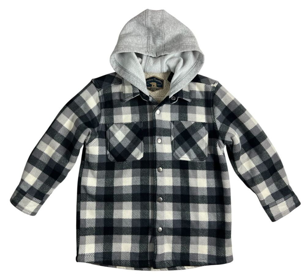 Freedom Foundry Boys Sherpa Lined Fleece Black Plaid Hoodie Shacket  S (7-8)